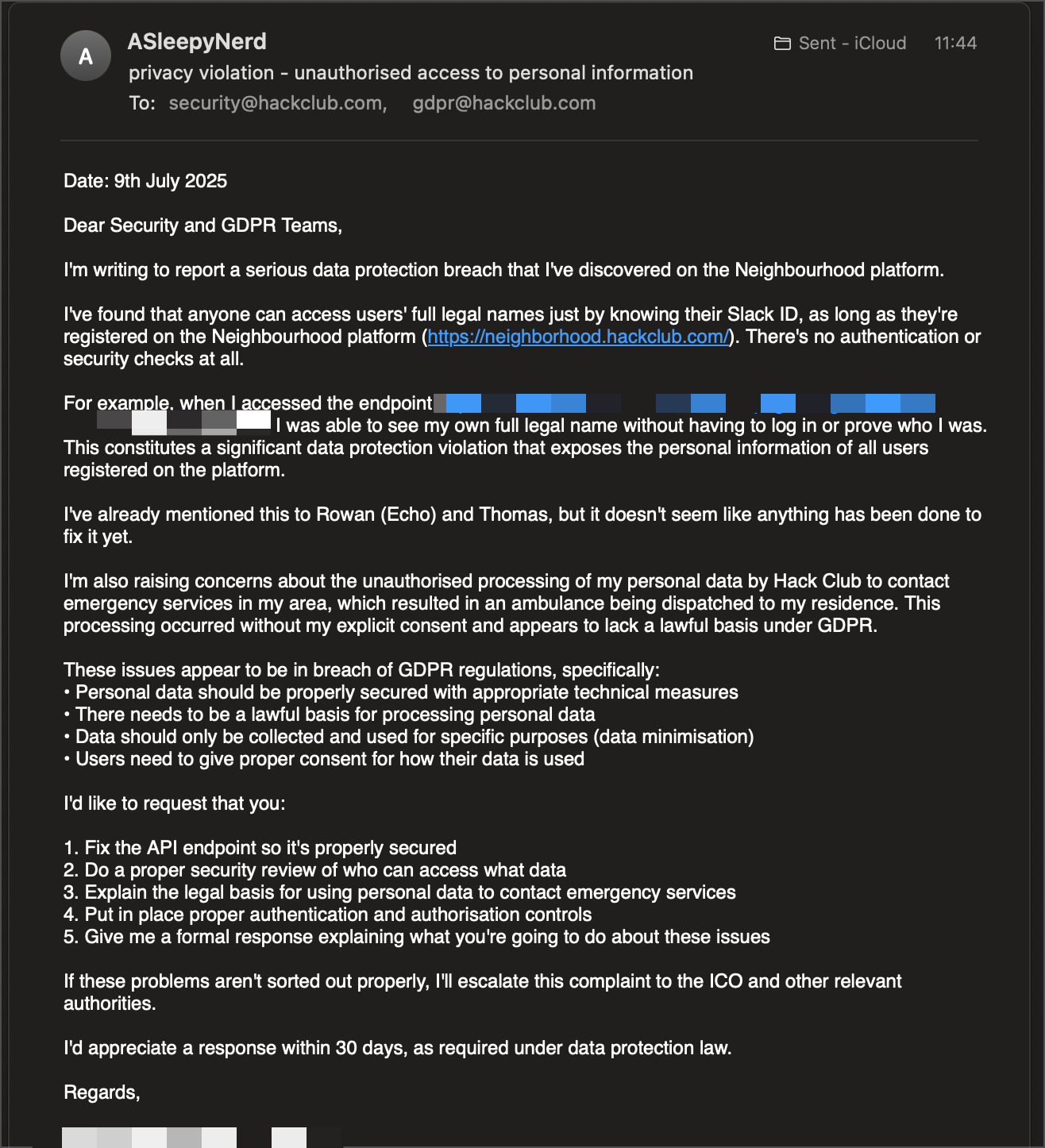 First breach notification email